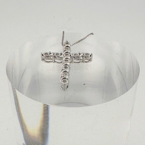 Beautiful Cross Necklace with Natural Diamonds in Illusion Setting and 18" Sterl - Picture 5 of 10